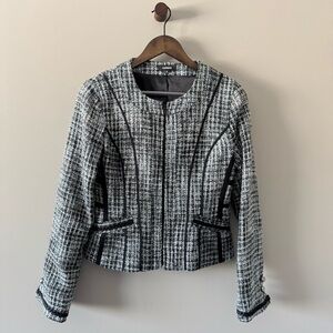 EXPRESS METALLIC PLAID TWEED JACKET WITH BRAIDED DETAIL SIZE MEDIUM